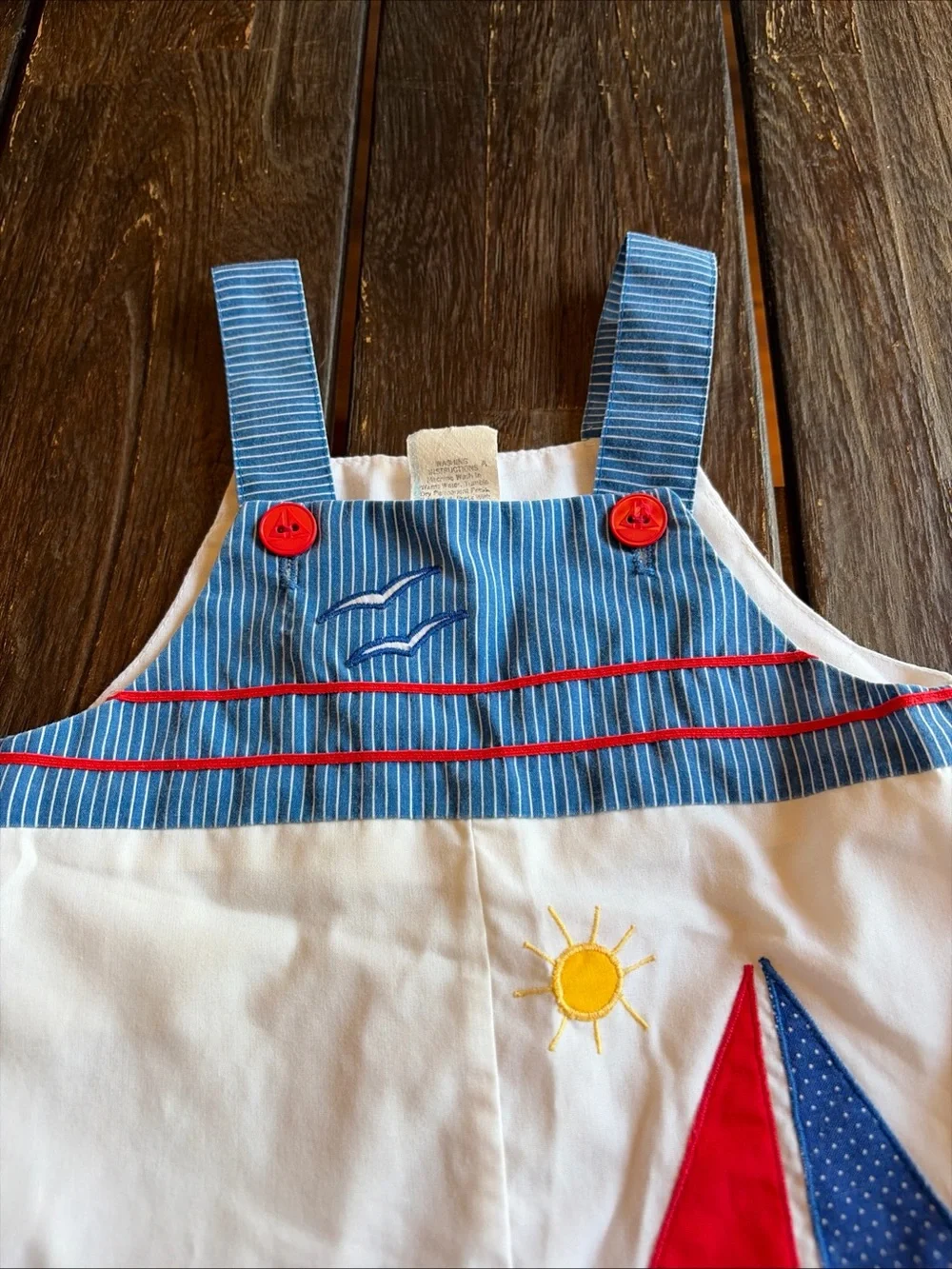 Sail Boat Boys Romper Shortall Overall Vintage 90s Blue Pinstripe Nautical 18 Mo